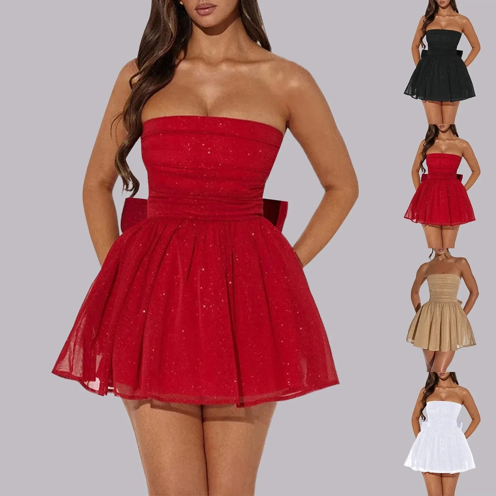 Sparkly Mini Dress – Elegant Strapless A-Line Design - Image 8