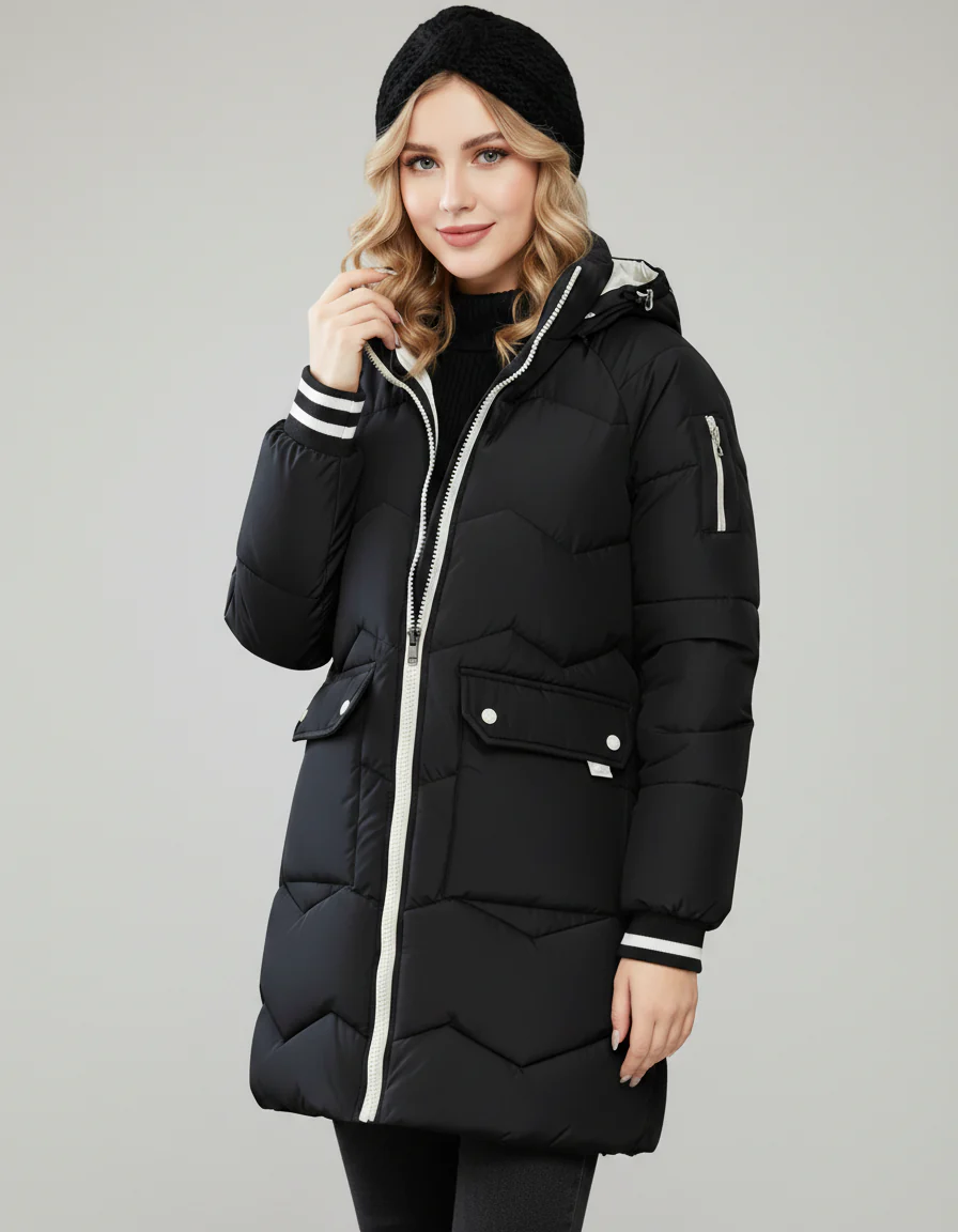 Sporty Hooded Long Puffer Coat with Contrast Lining - Image 2