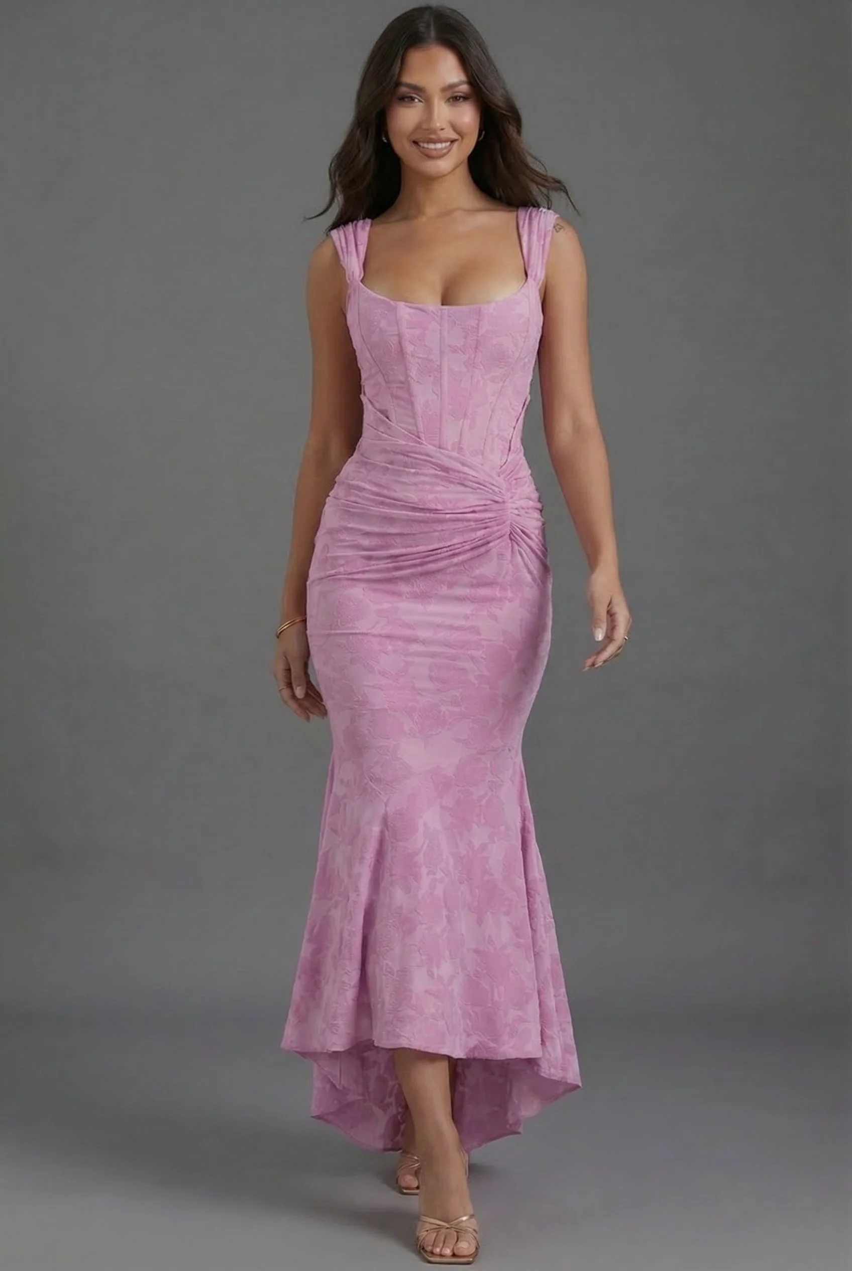 Square Neck Corset Fishtail Maxi Dress in Floral Jacquard - Image 3
