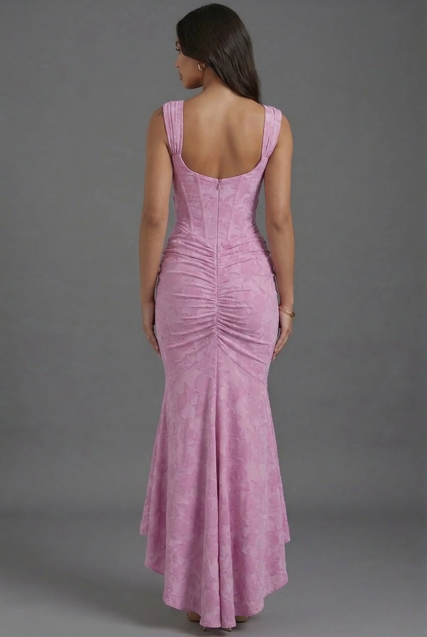 Square Neck Corset Fishtail Maxi Dress in Floral Jacquard - Image 4