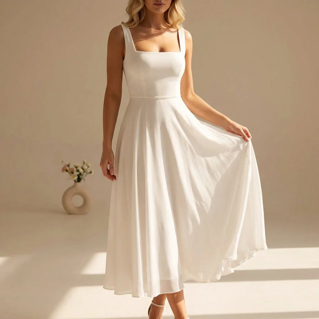 Square Neckline Chiffon Sleeveless Wide Strap A-Line Midi Dress
