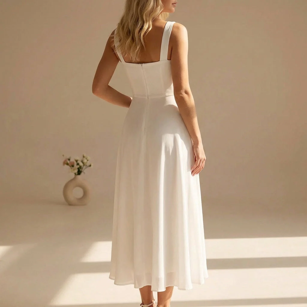Square Neckline Chiffon Sleeveless Wide Strap A-Line Midi Dress - Image 2