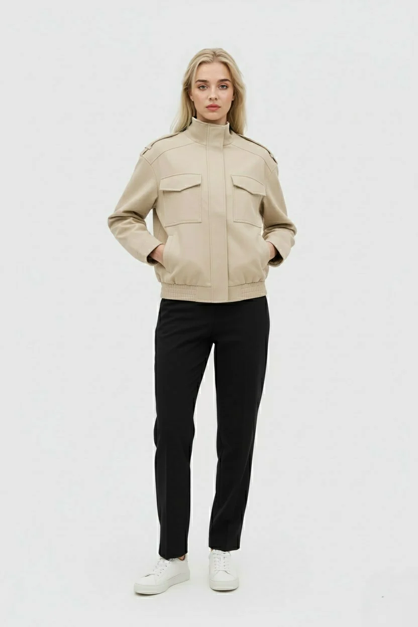 Stylish Beige Bomber Jacket with Stand Collar - Image 2