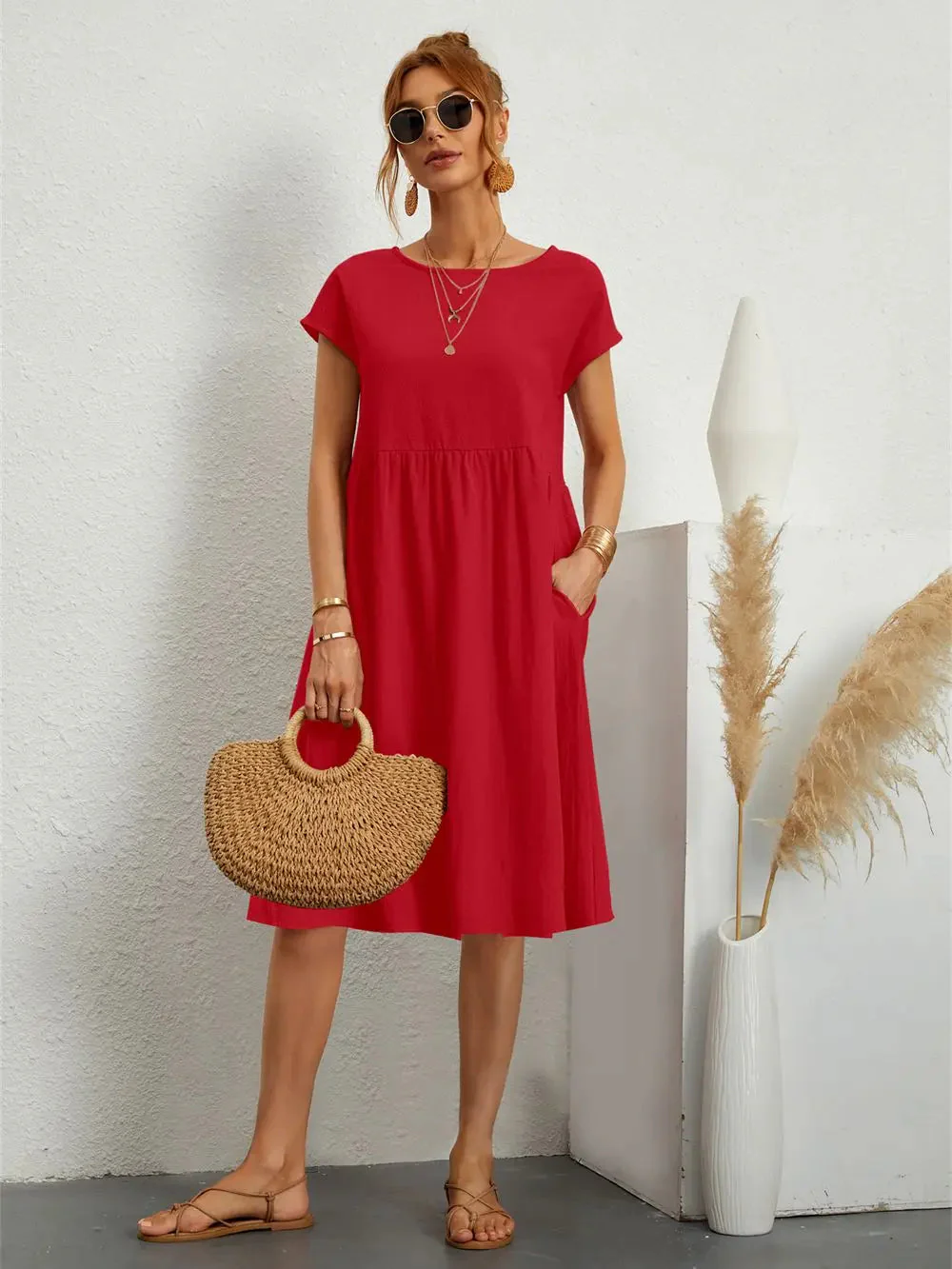 Stylish Casual Pocket Midi Dress for Everyday Comfort