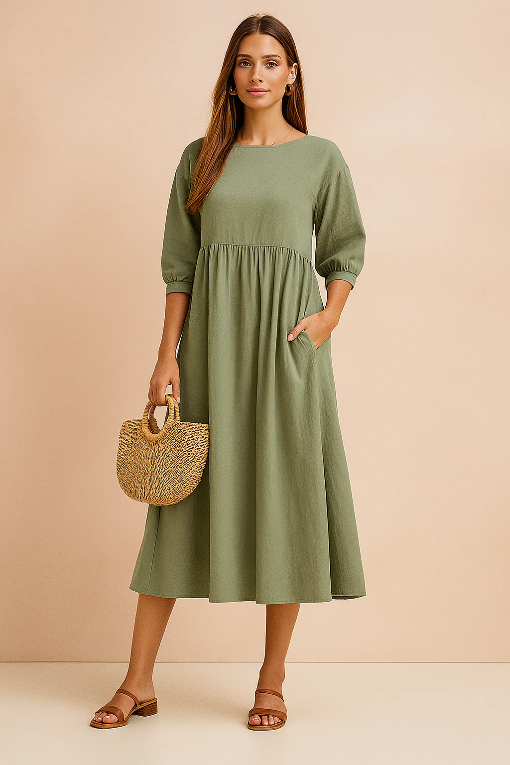 Stylish V-Neck Tie-Waist Midi Dress with 3/4 Sleeves