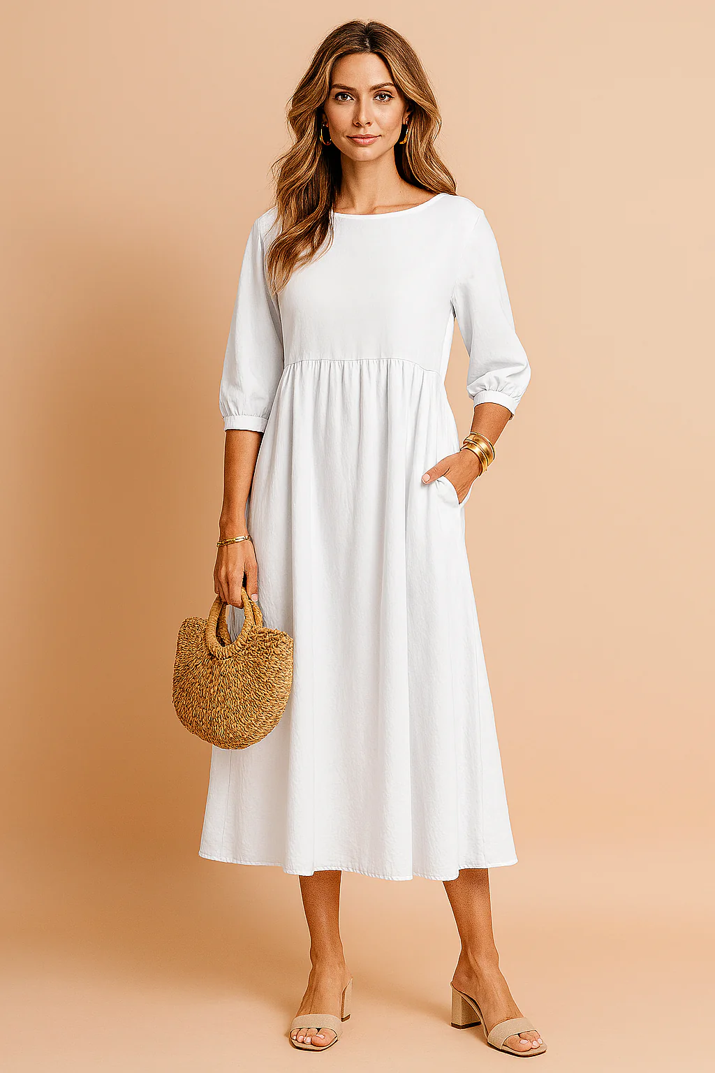 Stylish V-Neck Tie-Waist Midi Dress with 3/4 Sleeves - Image 10