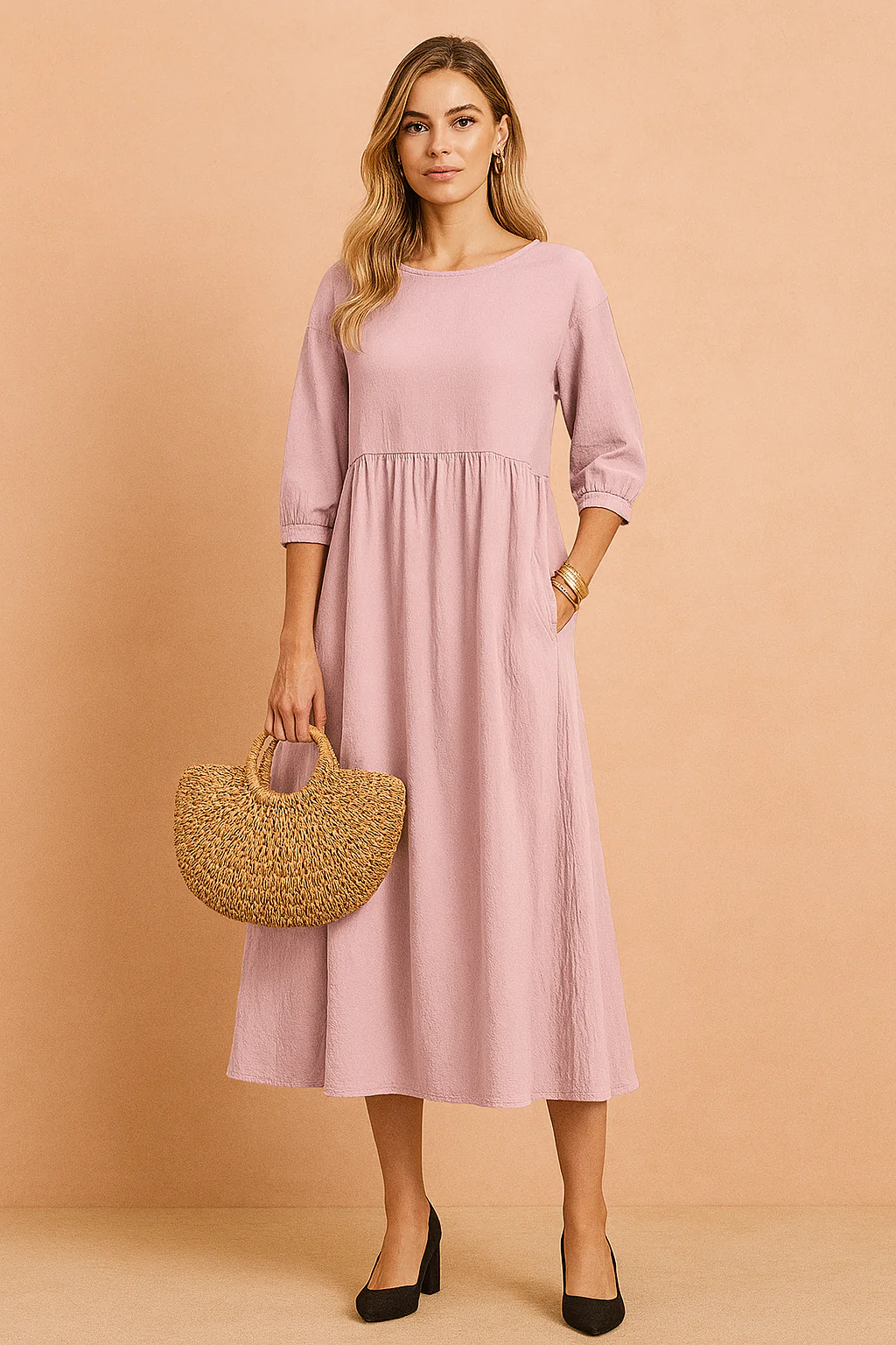 Stylish V-Neck Tie-Waist Midi Dress with 3/4 Sleeves - Image 3