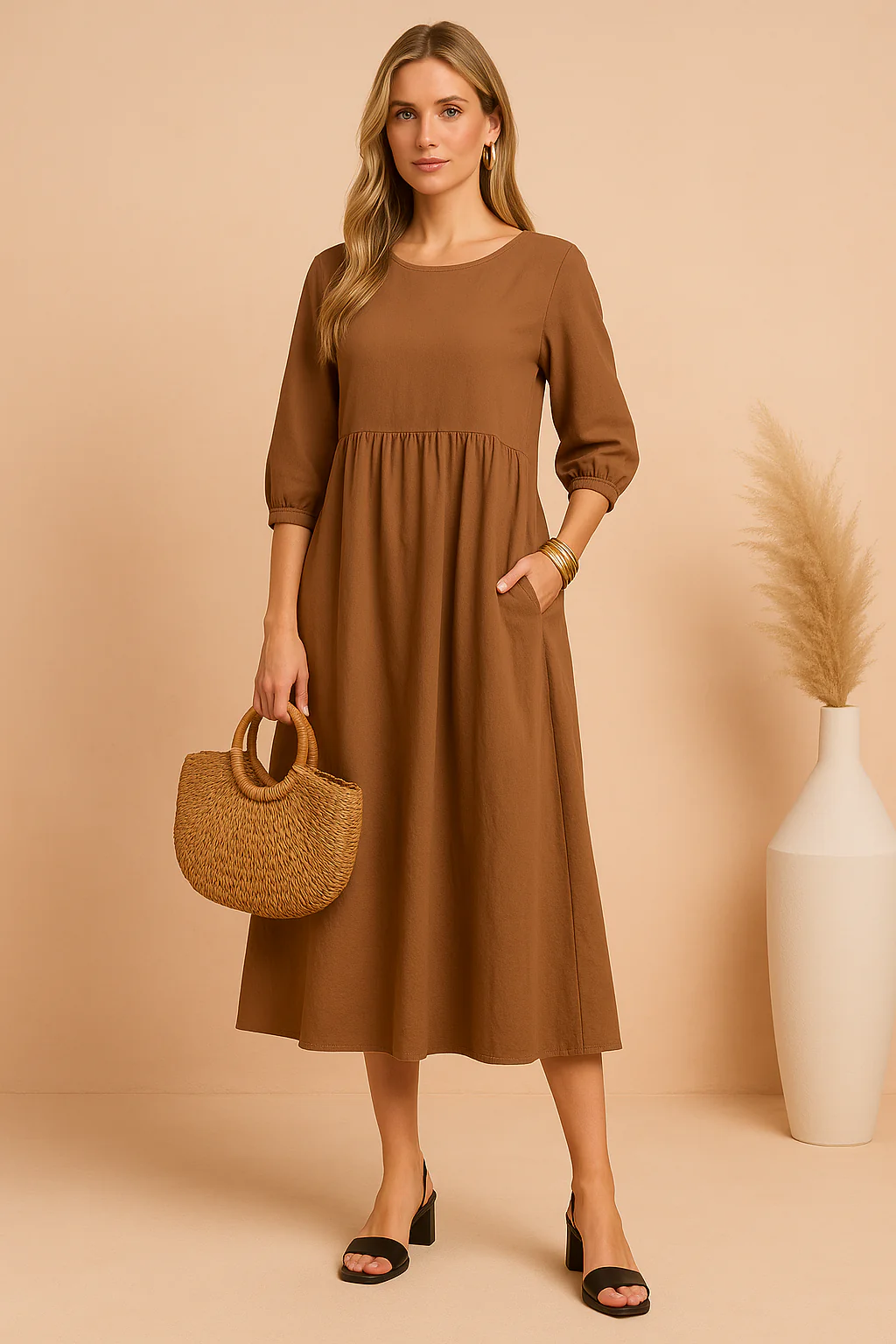 Stylish V-Neck Tie-Waist Midi Dress with 3/4 Sleeves - Image 4