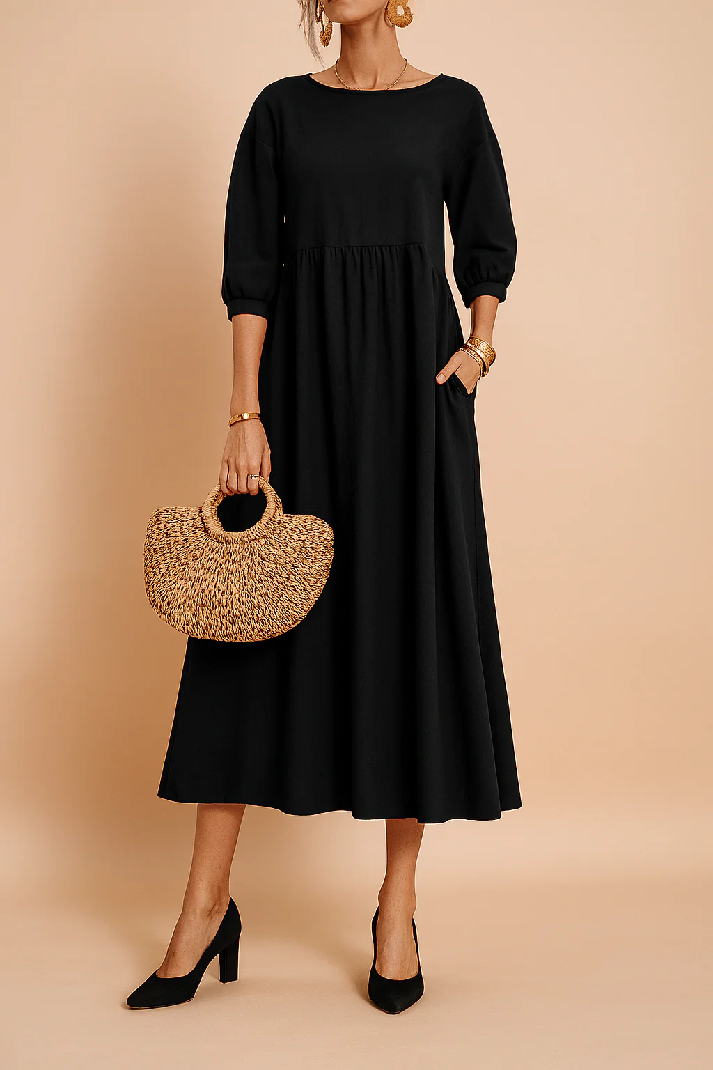 Stylish V-Neck Tie-Waist Midi Dress with 3/4 Sleeves - Image 5