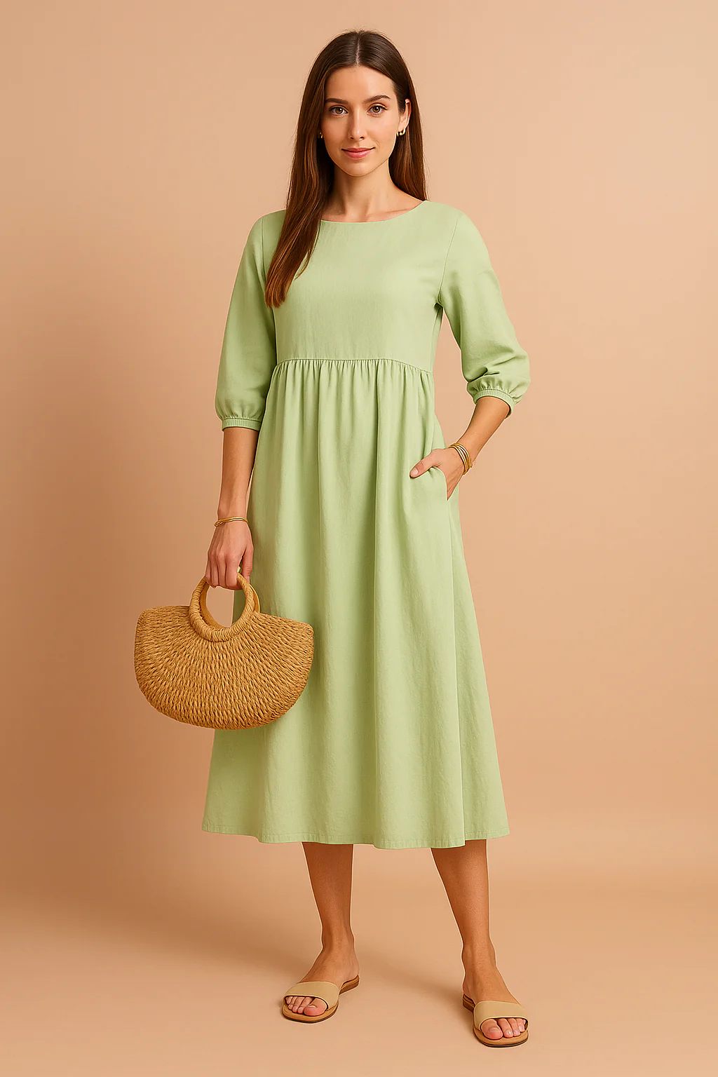 Stylish V-Neck Tie-Waist Midi Dress with 3/4 Sleeves - Image 6