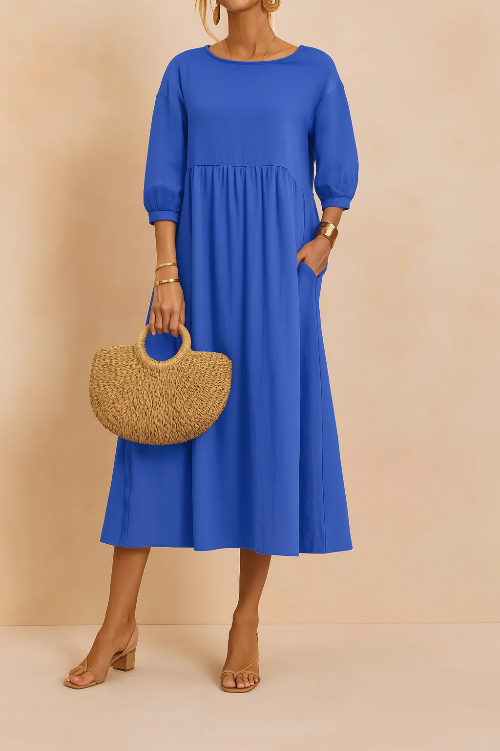 Stylish V-Neck Tie-Waist Midi Dress with 3/4 Sleeves - Image 7