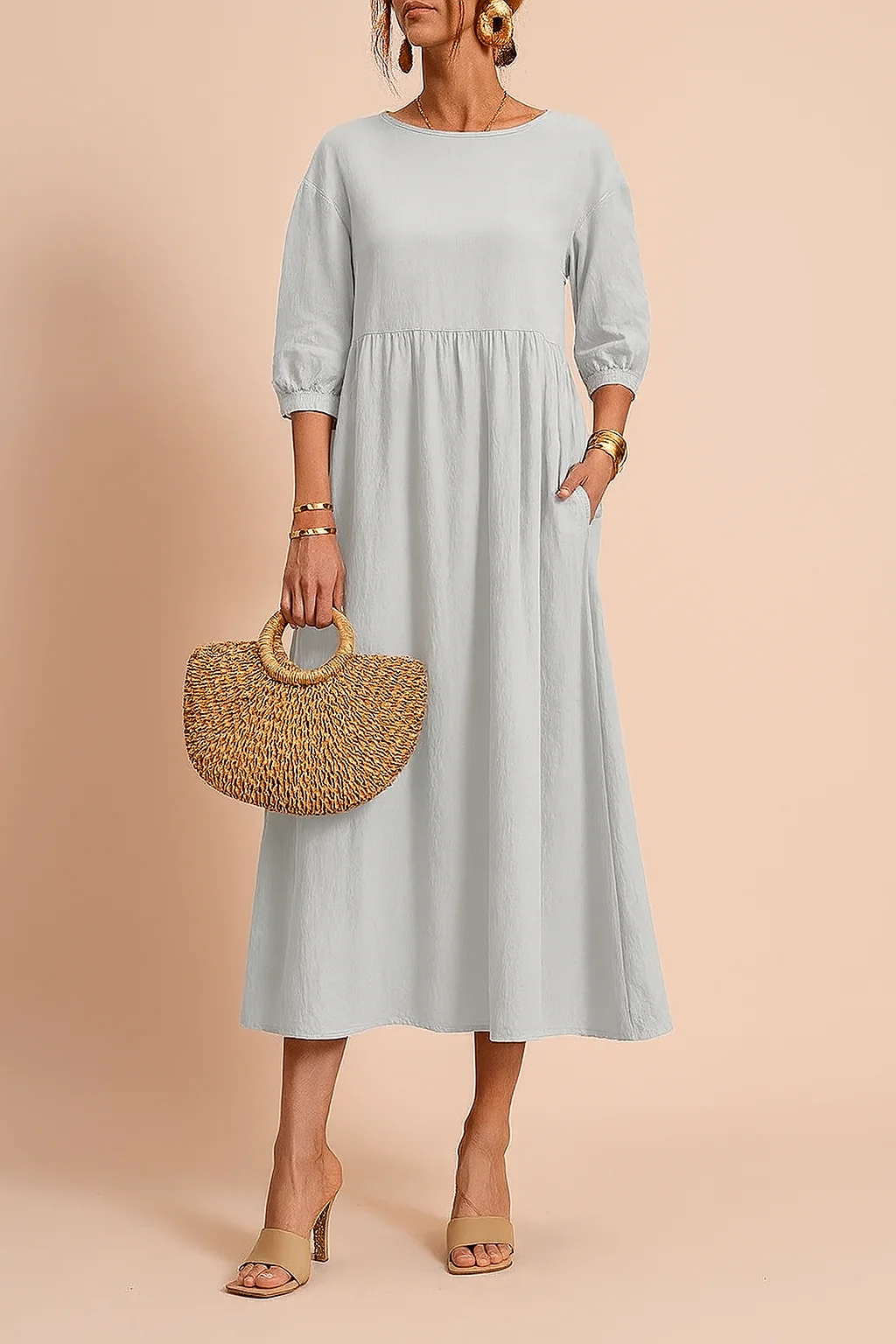 Stylish V-Neck Tie-Waist Midi Dress with 3/4 Sleeves - Image 8