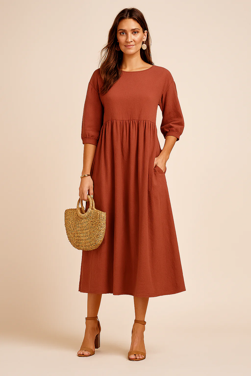 Stylish V-Neck Tie-Waist Midi Dress with 3/4 Sleeves - Image 9