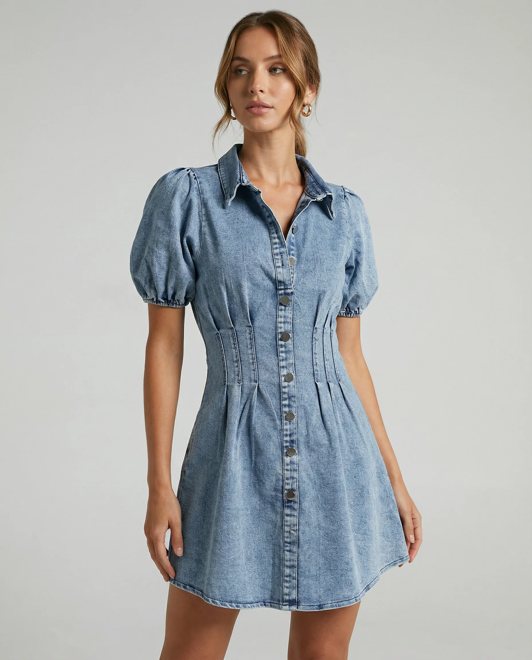 Summer Denim Dress – Puff Sleeve A-Line Elegance - Image 2