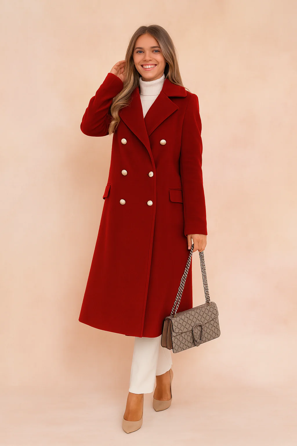 Tailored Double-Breasted Longline Coat with Lapel Collar - Image 4