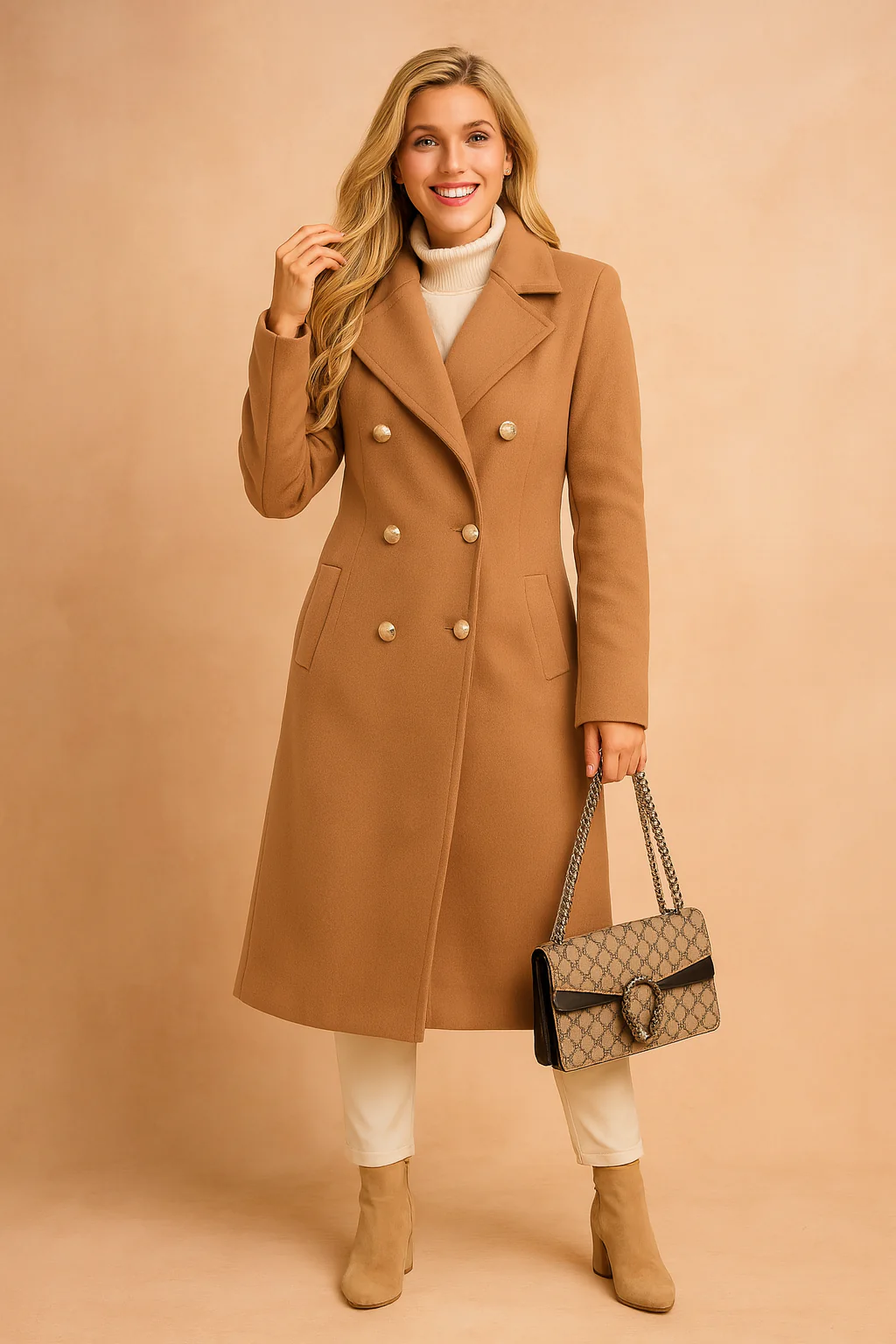 Tailored Double-Breasted Longline Coat with Lapel Collar - Image 5