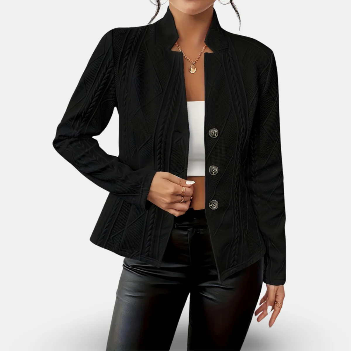 Textured Cable-Knit Blazer – Fitted Geometric Button Jacket - Image 6