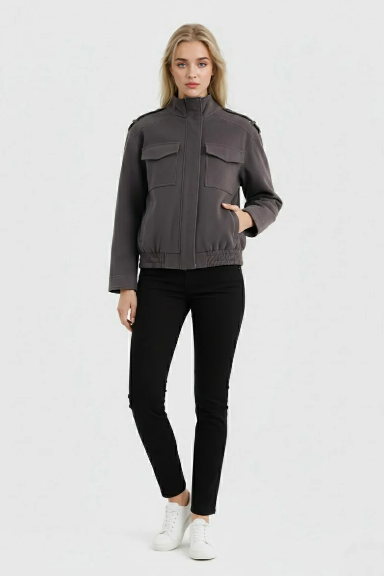 Trendy Dark Grey Bomber Jacket with Stand Collar - Image 2