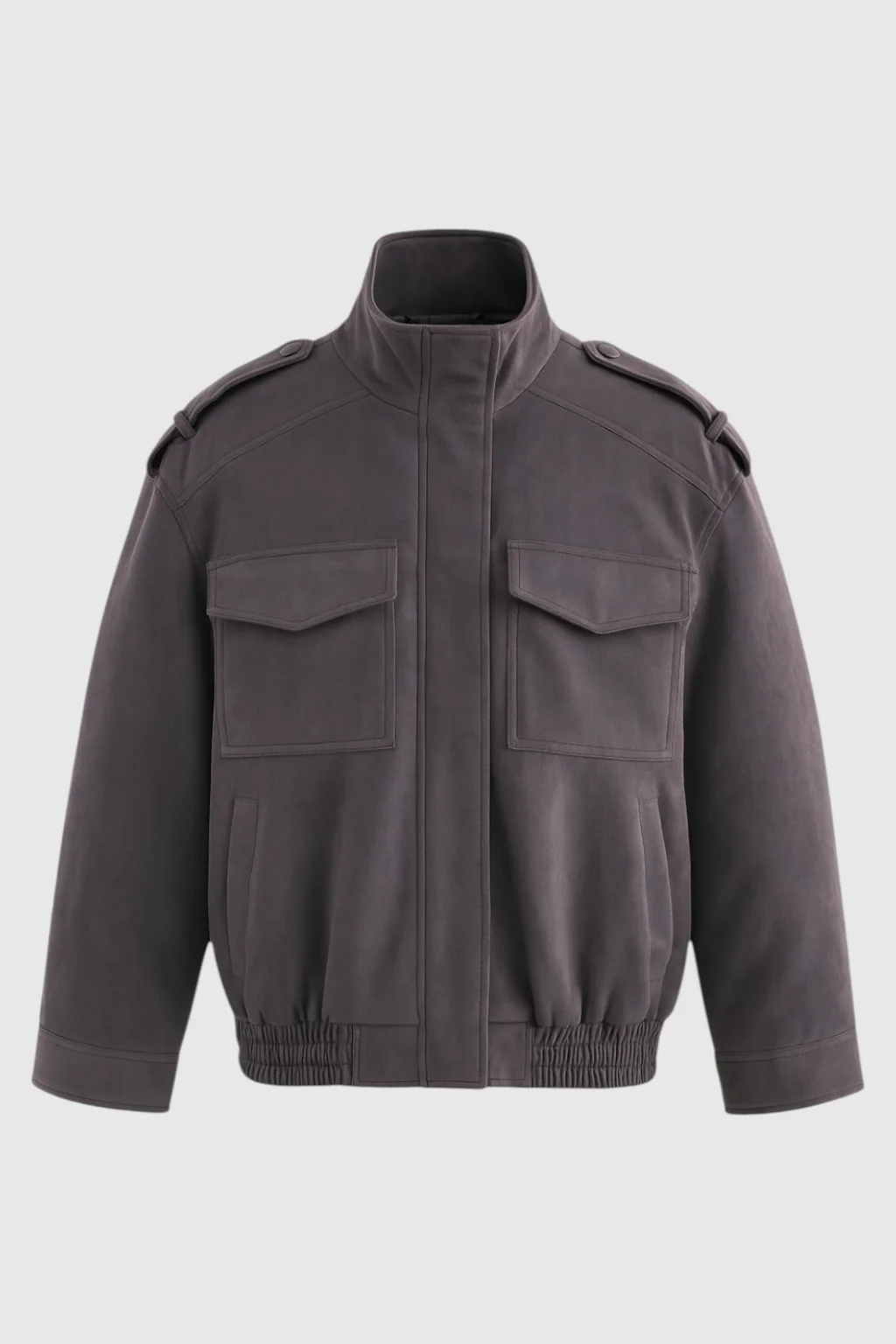 Trendy Dark Grey Bomber Jacket with Stand Collar - Image 3