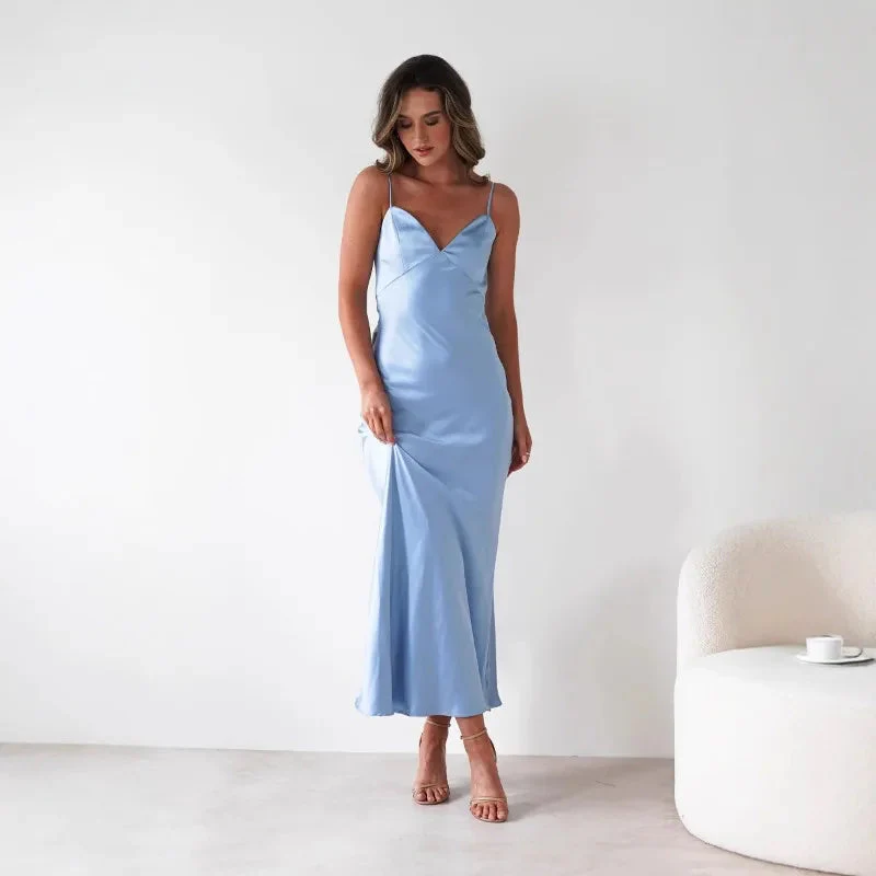 V-Neck Evening Dress – Elegant Satin Midi for Formal Weddings and Special Occasions - Image 3