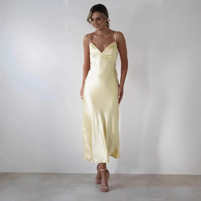 V-Neck Evening Dress – Elegant Satin Midi for Formal Weddings and Special Occasions - Image 4
