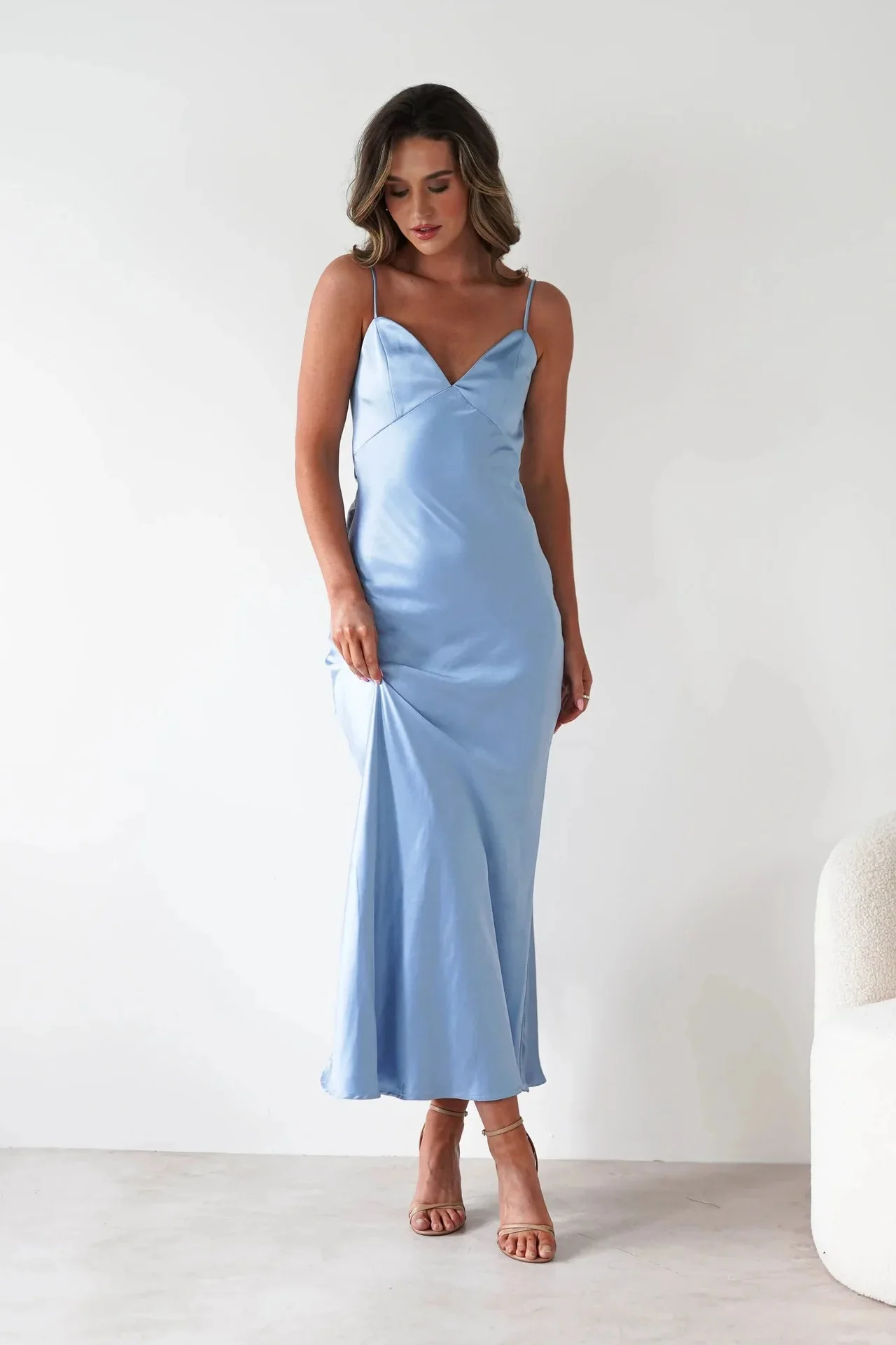 V-Neck Evening Dress – Elegant Satin Midi for Formal Weddings and Special Occasions - Image 8