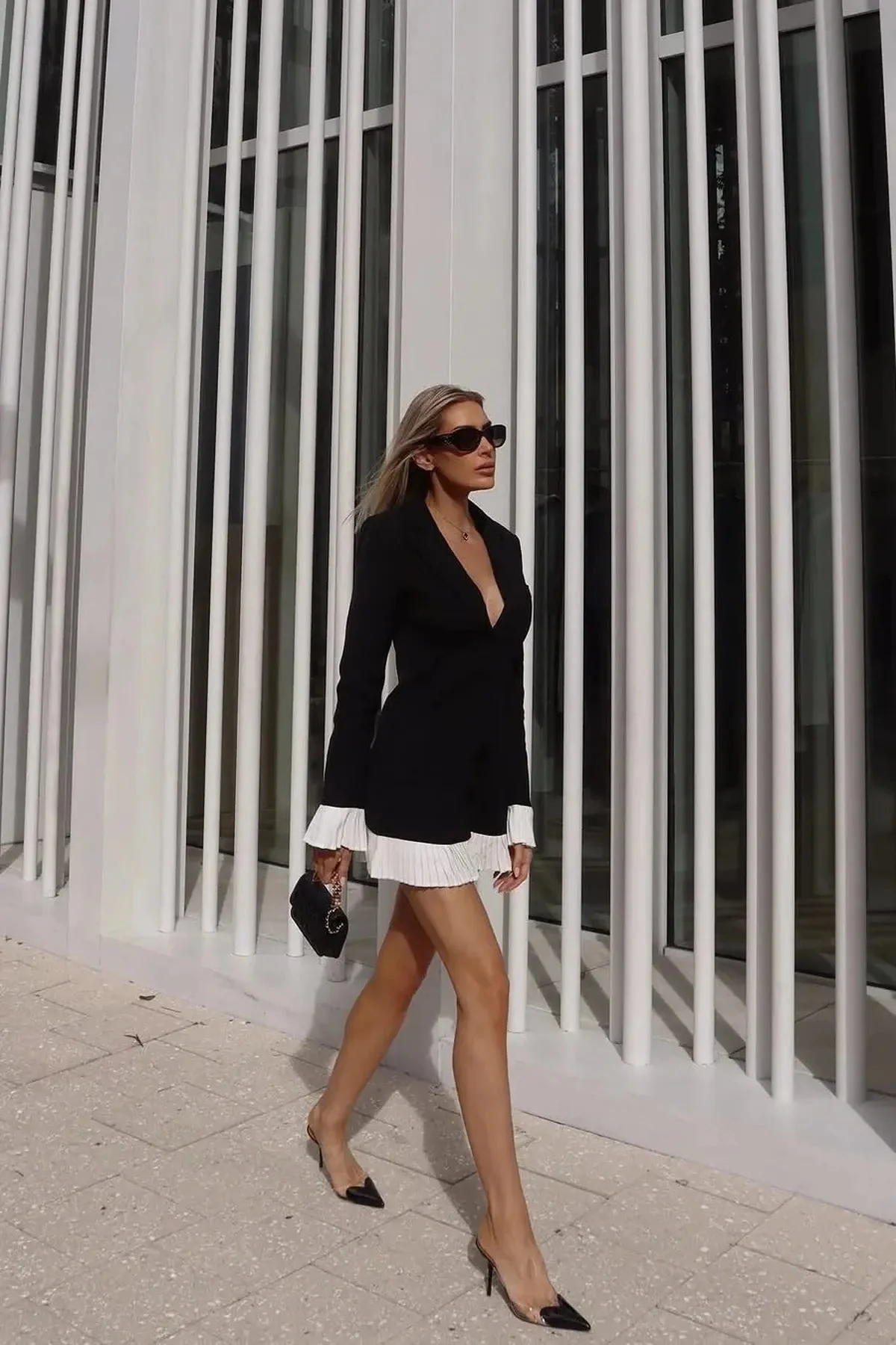 V-Neck Pleated Classy Casual Mini Dress with Button Front Closure - Image 2