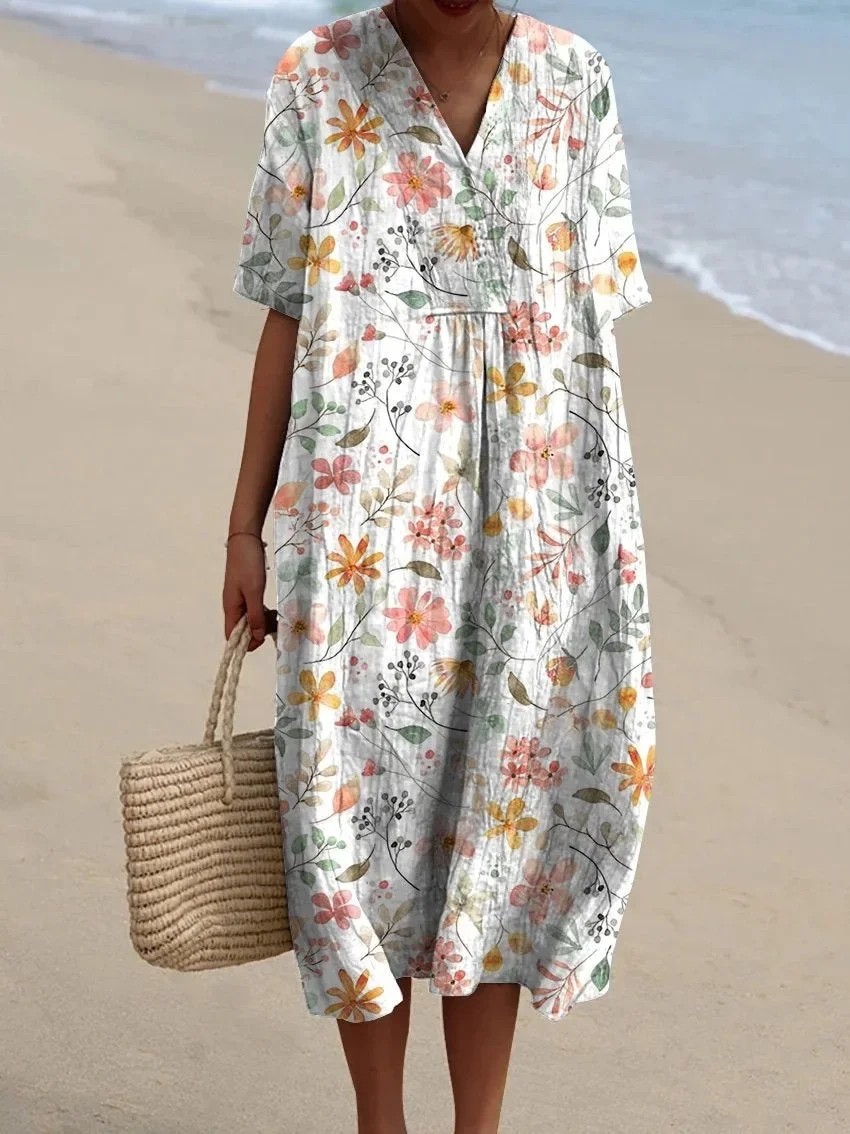 V-Neck Floral Beach Summer Midi Dress - Image 6