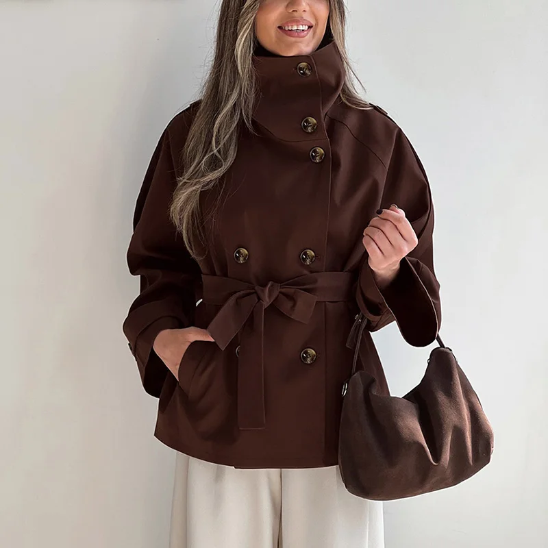 Vintage Trench Coat – High Neck Double Breasted Design for Chic Fall Style - Image 2