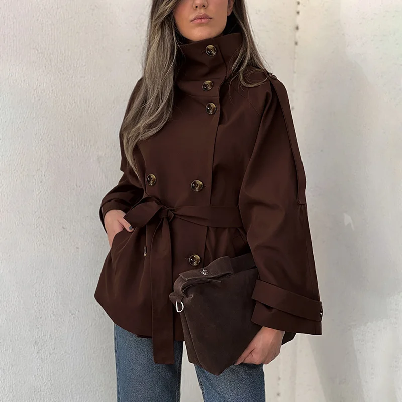 Vintage Trench Coat – High Neck Double Breasted Design for Chic Fall Style - Image 3