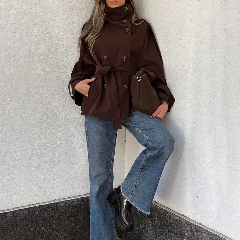 Vintage Trench Coat – High Neck Double Breasted Design for Chic Fall Style - Image 4