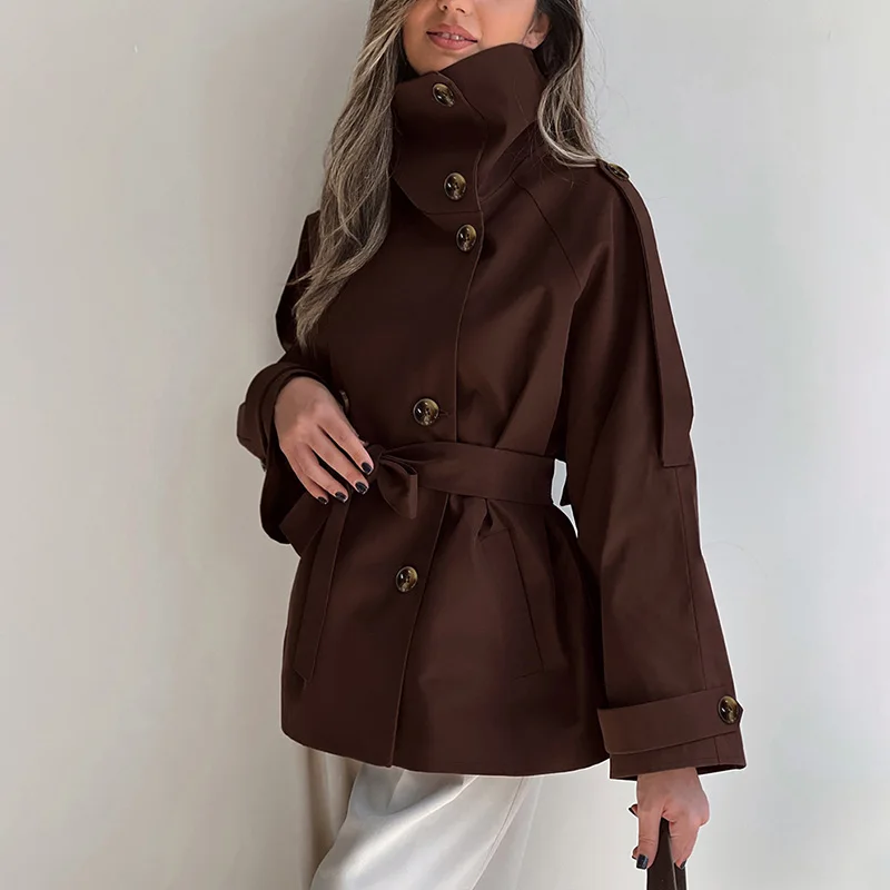 Vintage Trench Coat – High Neck Double Breasted Design for Chic Fall Style - Image 5