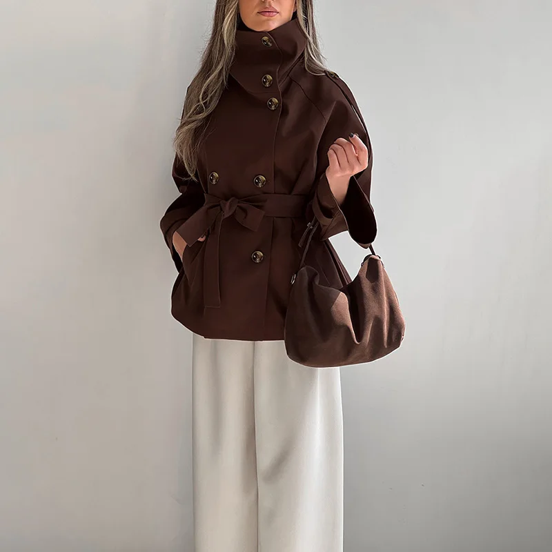 Vintage Trench Coat – High Neck Double Breasted Design for Chic Fall Style - Image 6