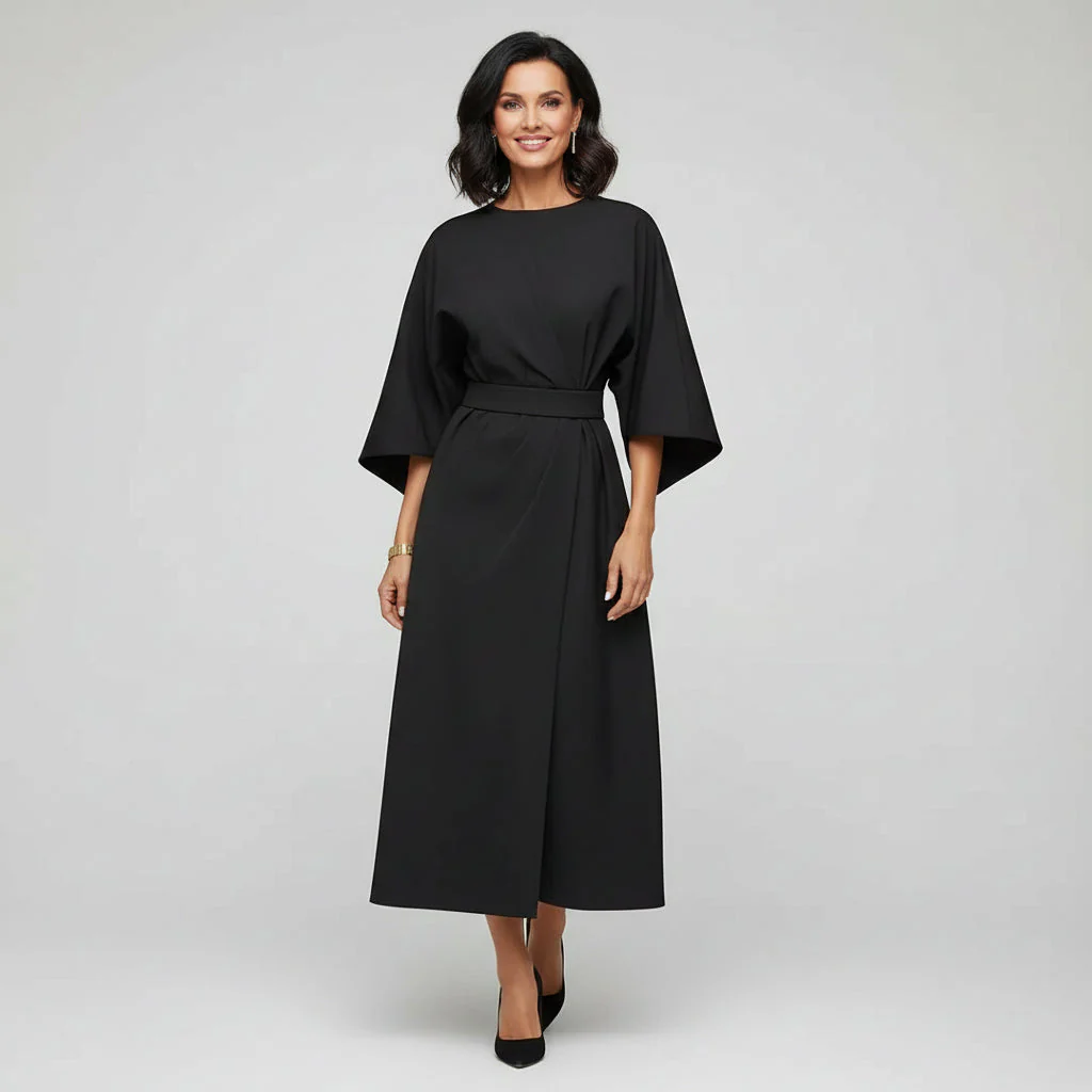 Wide Sleeve Round Neck Belted Midi Dress for Everyday Elegance - Image 5