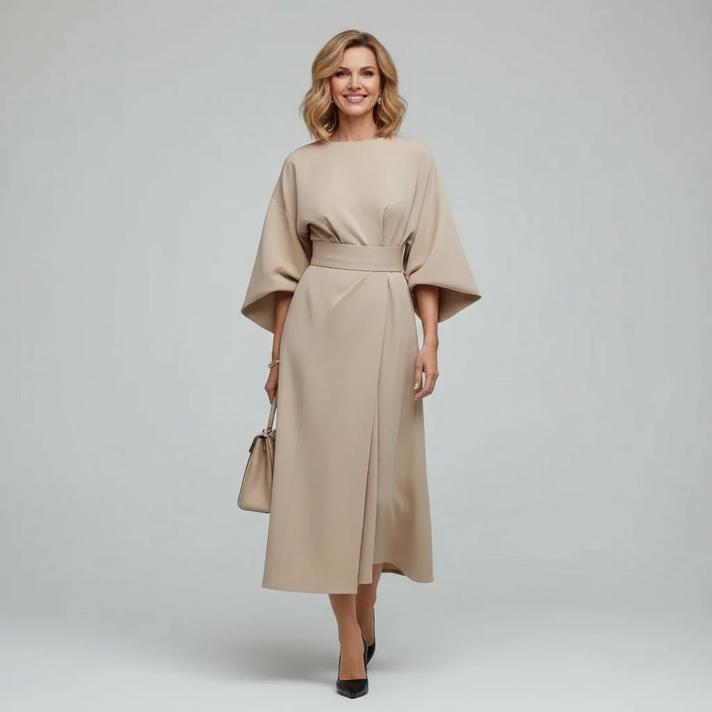 Wide Sleeve Round Neck Belted Midi Dress for Everyday Elegance - Image 6