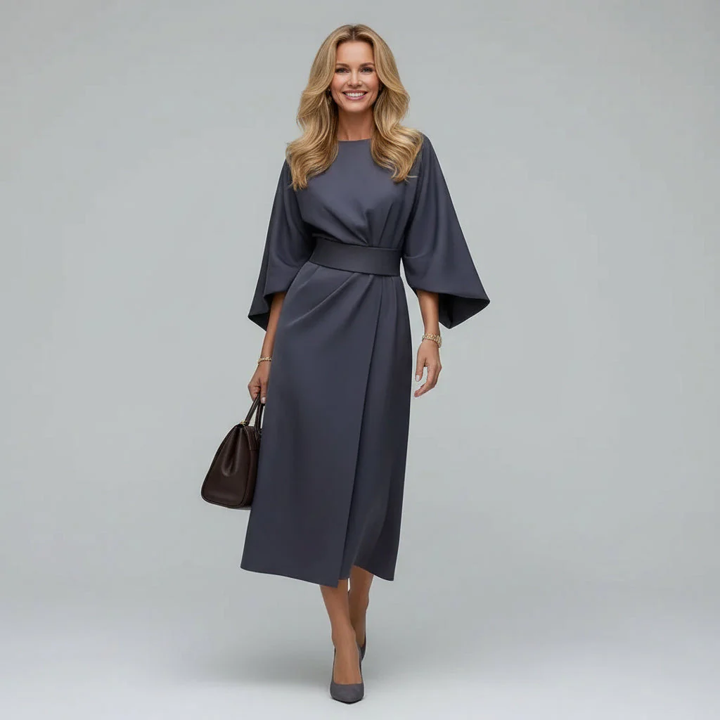 Wide Sleeve Round Neck Belted Midi Dress for Everyday Elegance - Image 7