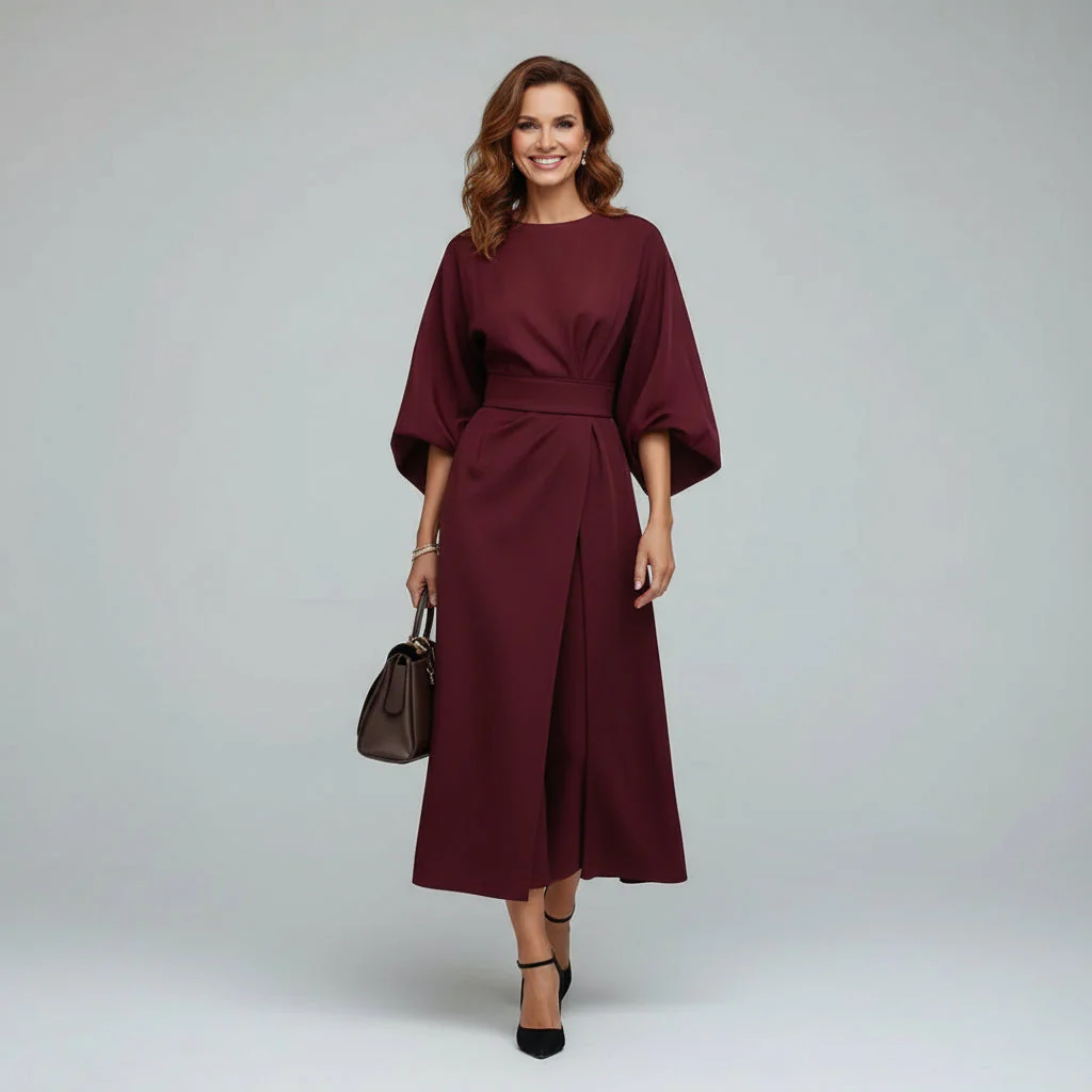 Wide Sleeve Round Neck Belted Midi Dress for Everyday Elegance - Image 8