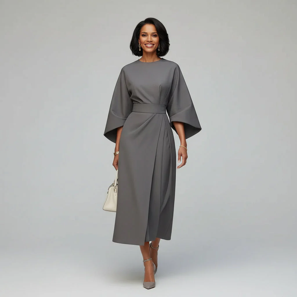Wide Sleeve Round Neck Belted Midi Dress for Everyday Elegance - Image 9