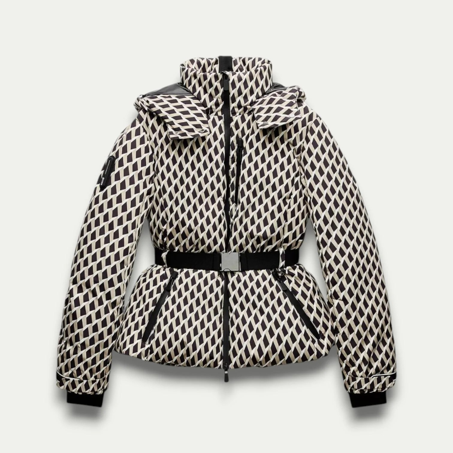 Women’s Belted Beige Patterned Puffer Jacket