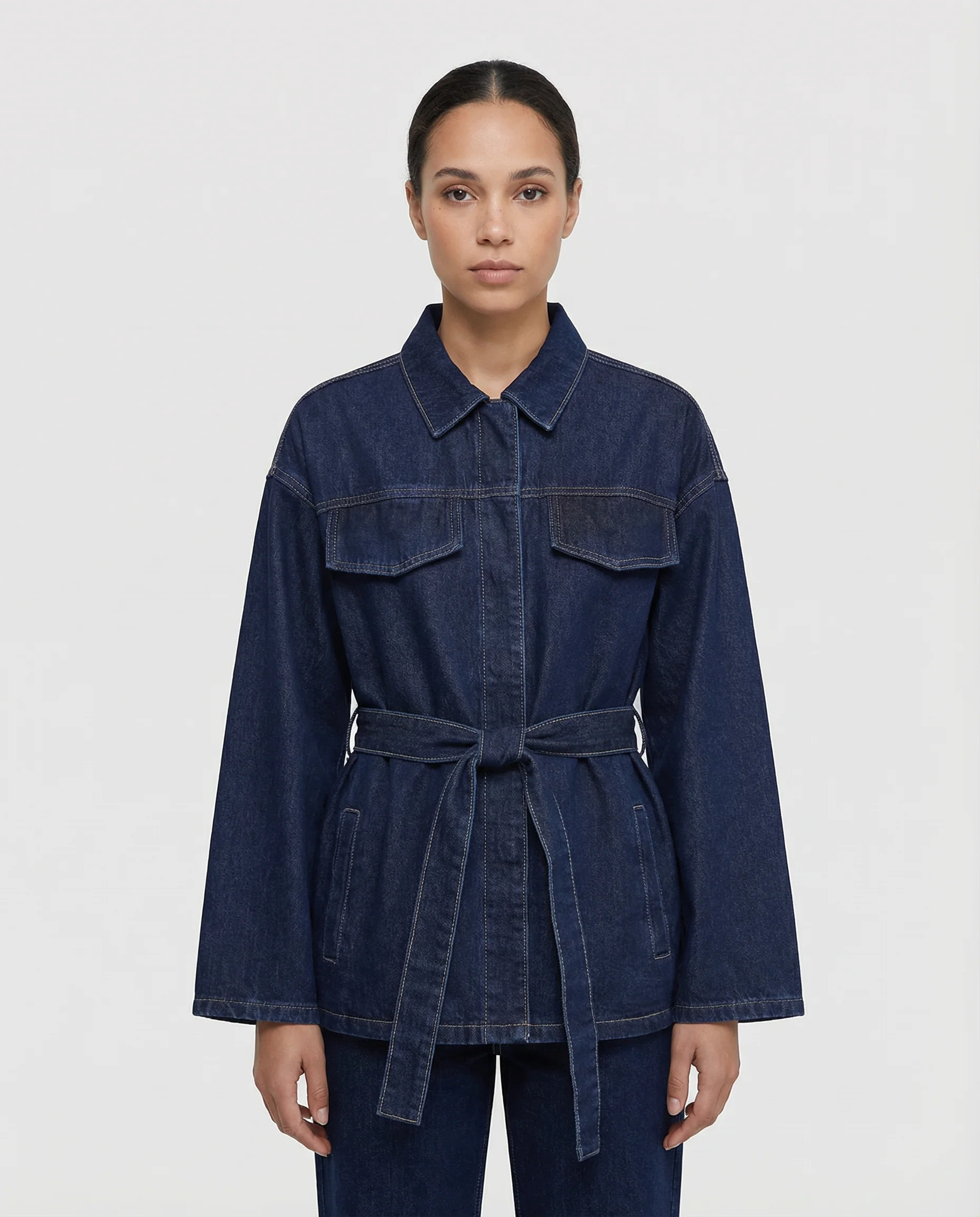 Women’s Belted Denim Utility Jacket with Structured Collar and Relaxed Fit - Image 2
