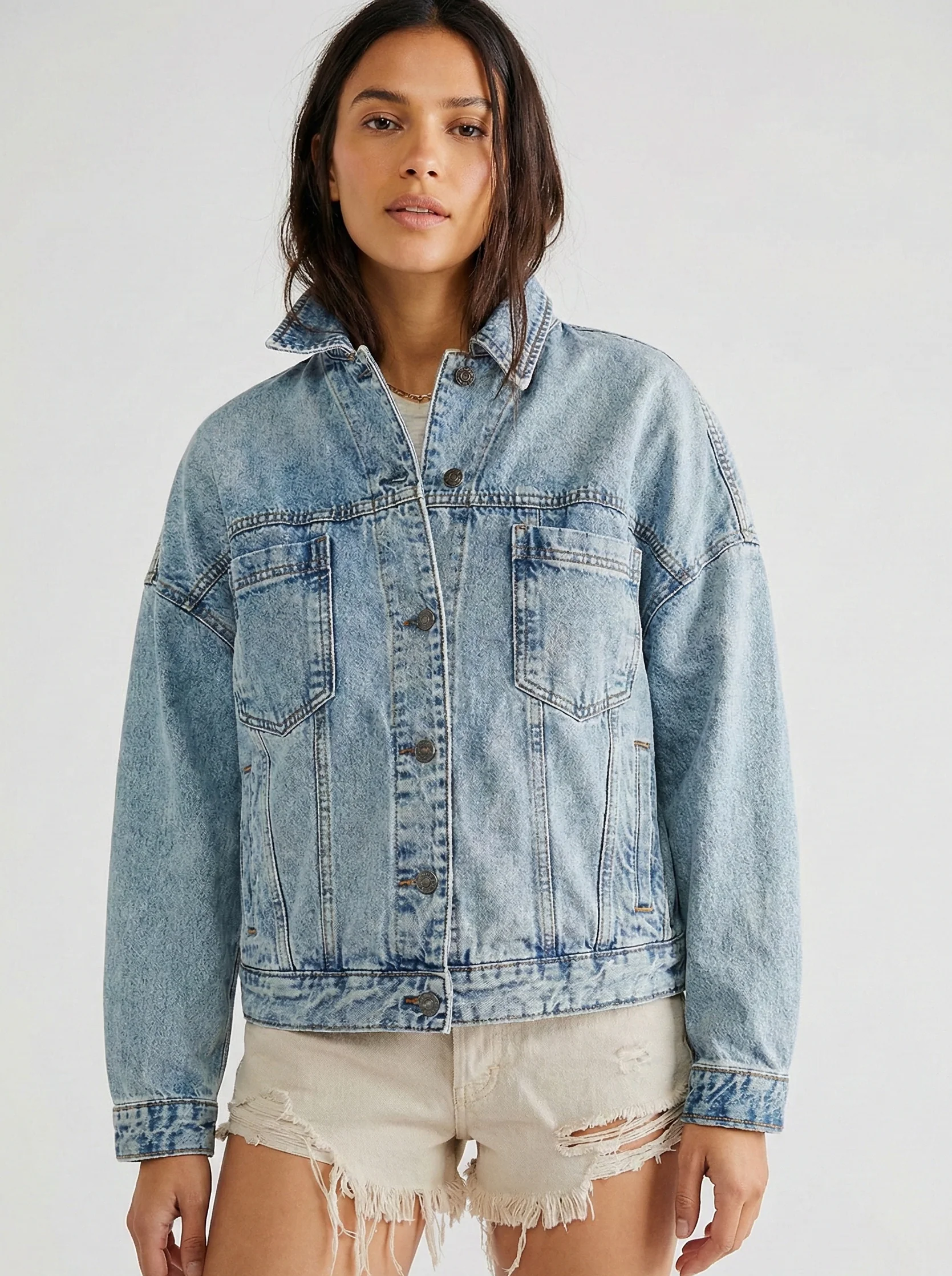 Women’s Classic Oversized Denim Jacket with Drop Shoulders and Relaxed Fit
