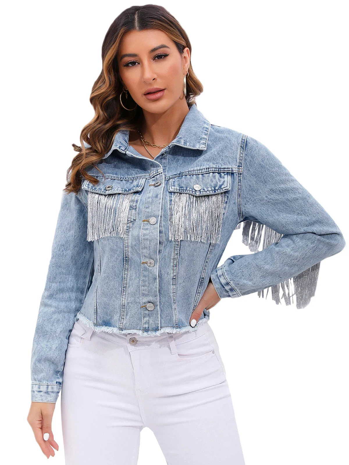 Women’s Cropped Denim Jacket with Fringe Detailing and Structured Fit - Image 3