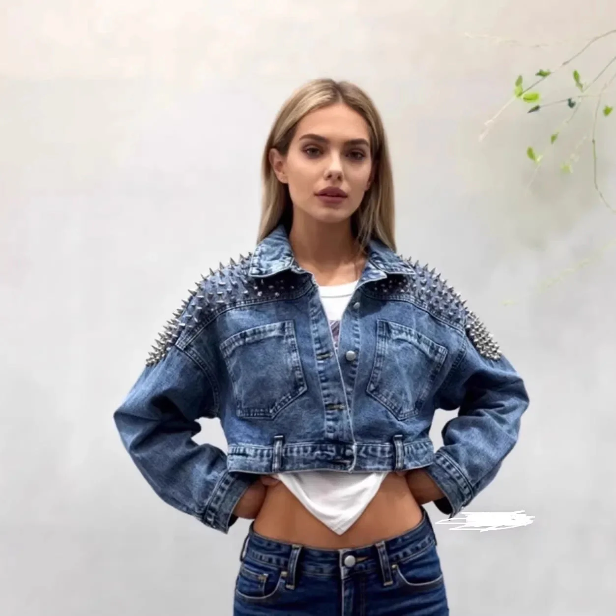 Women’s Cropped Studded Denim Jacket with Structured Shoulders and Statement Detail - Image 2