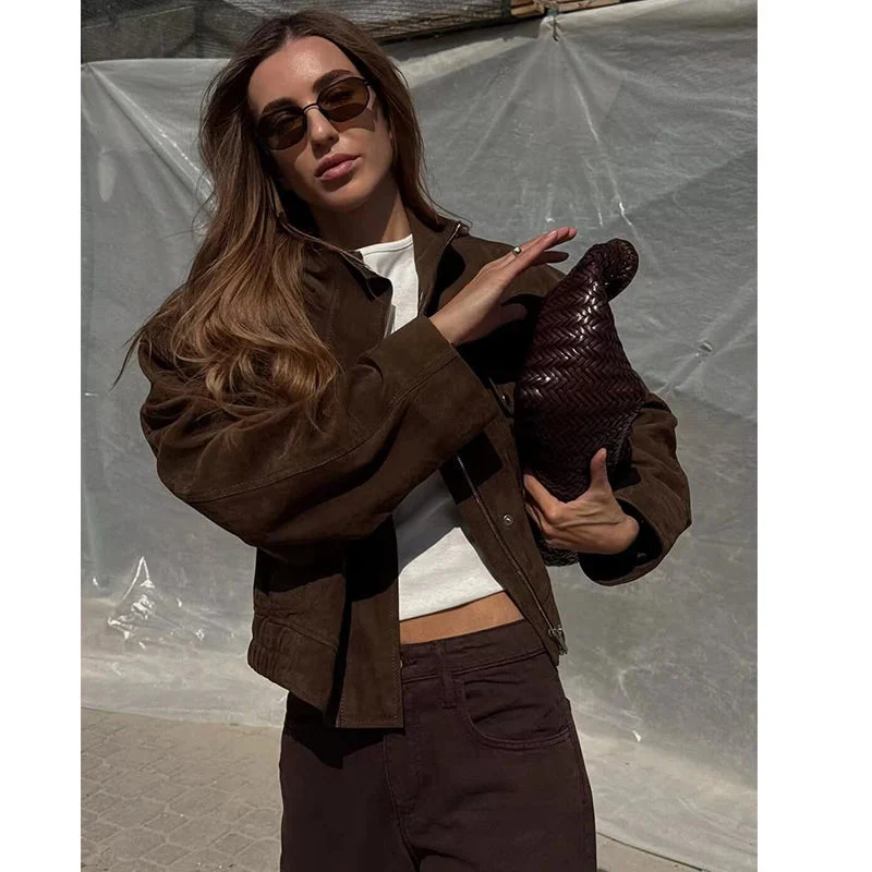 Women’s Cropped Suede Jacket with Snap Button Front and Utility Pockets - Image 2