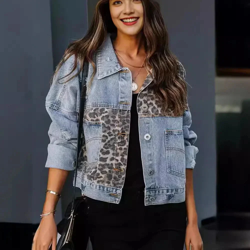 Women’s Leopard Panel Denim Jacket with Distressed Details and Modern Fit - Image 3