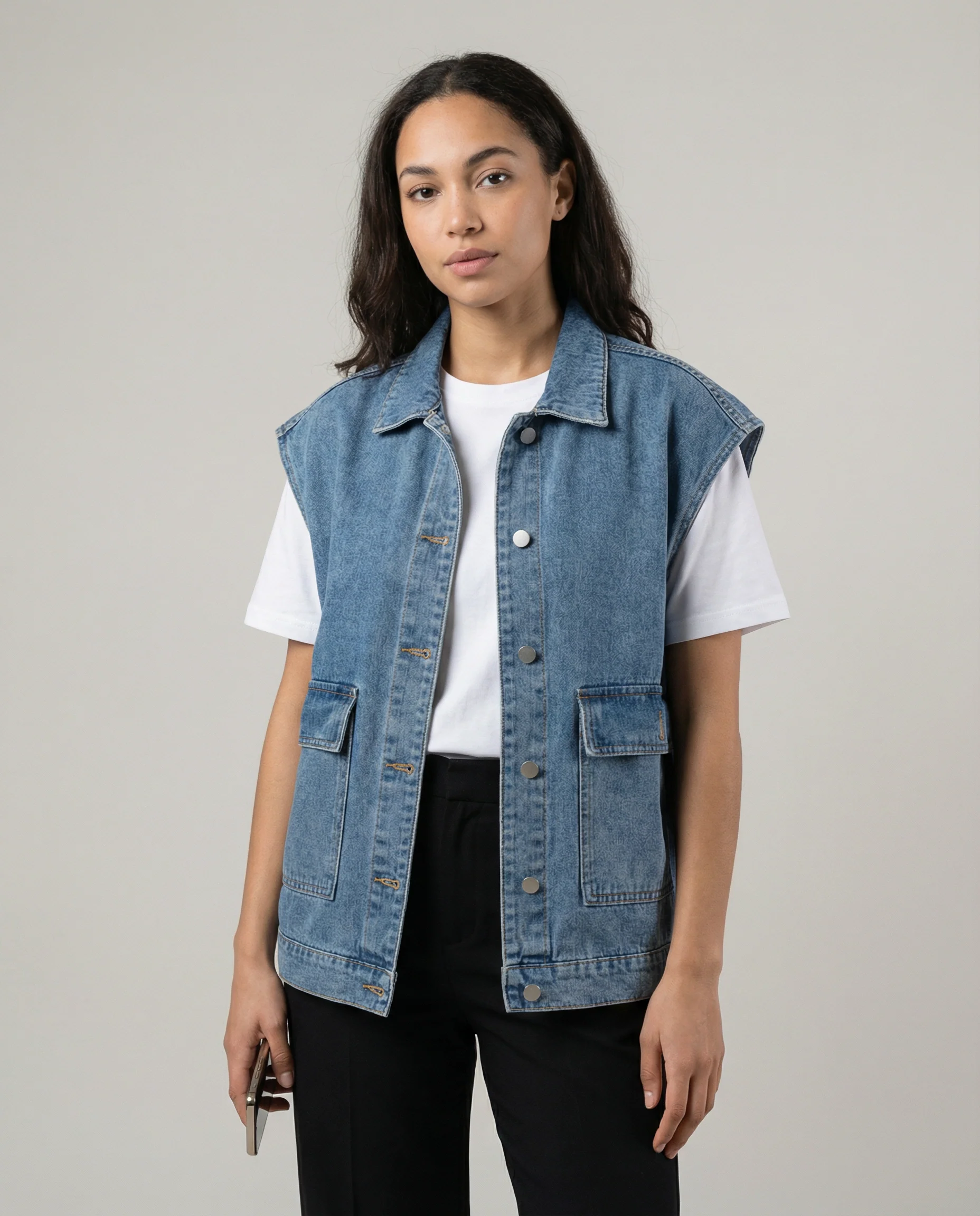 Women’s Oversized Denim Vest with Button-Down Front and Relaxed Street Style Fit