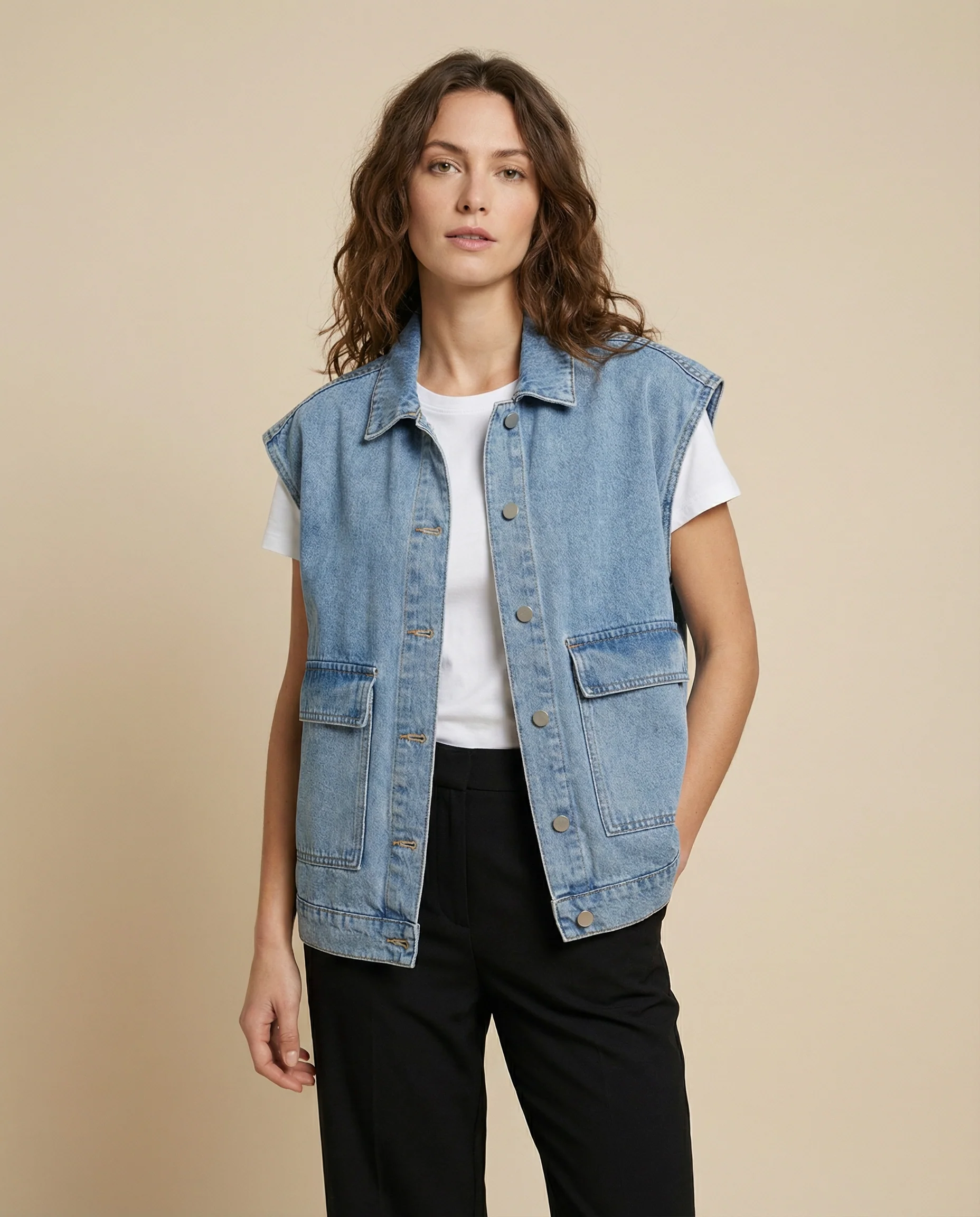 Women’s Oversized Denim Vest with Button-Down Front and Relaxed Street Style Fit - Image 3