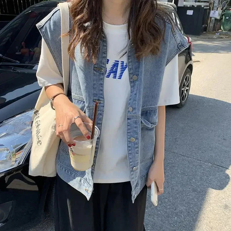 Women’s Oversized Denim Vest with Button-Down Front and Relaxed Street Style Fit - Image 4