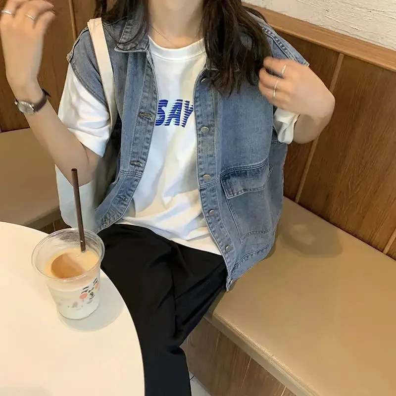 Women’s Oversized Denim Vest with Button-Down Front and Relaxed Street Style Fit - Image 5