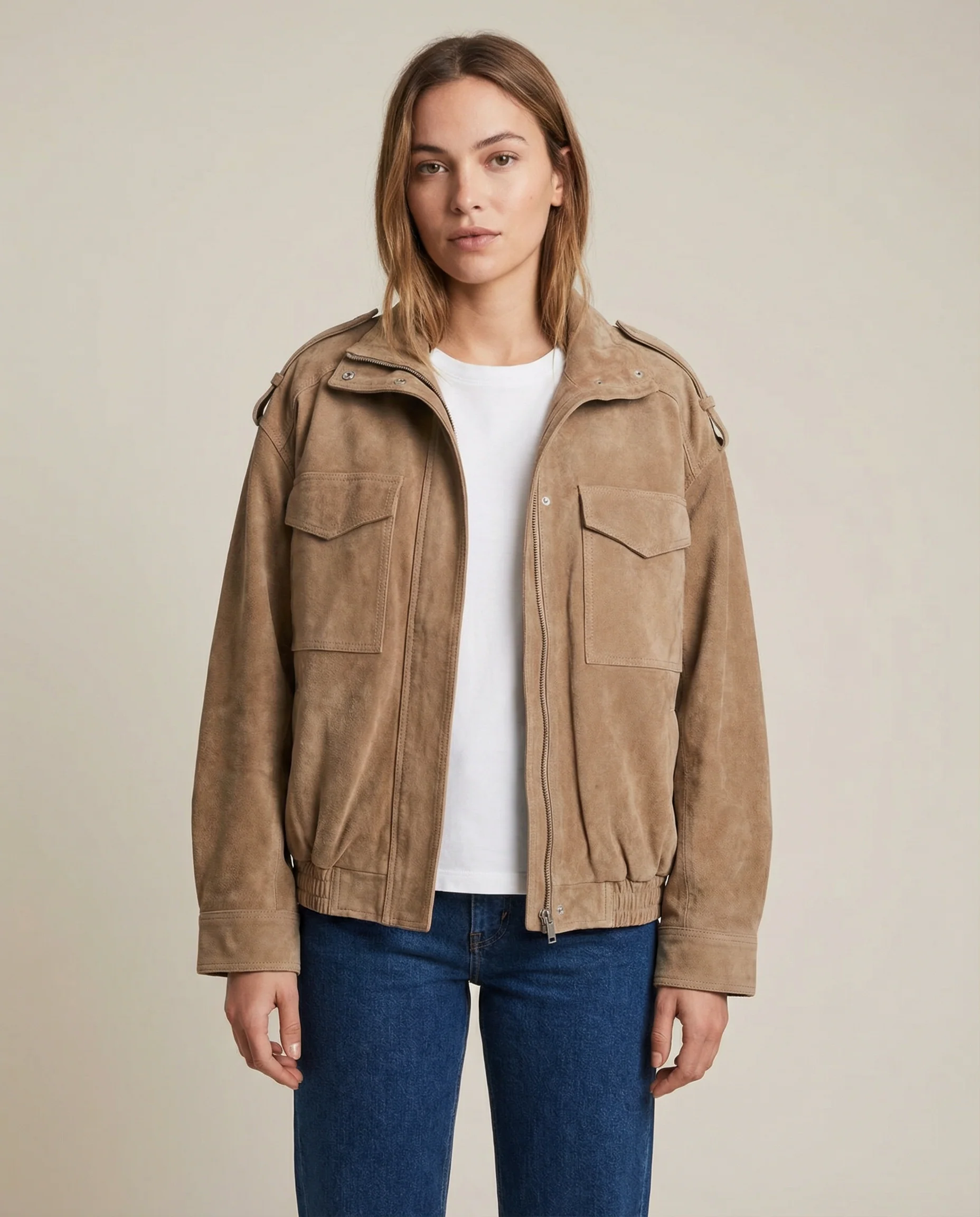 Women’s Oversized Suede Hooded Jacket with Zip Front and Utility Pocket Design - Image 4